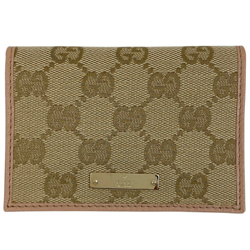 Gucci GG Card Case Wallet bi fold pass canvas leather Beige Cream pink